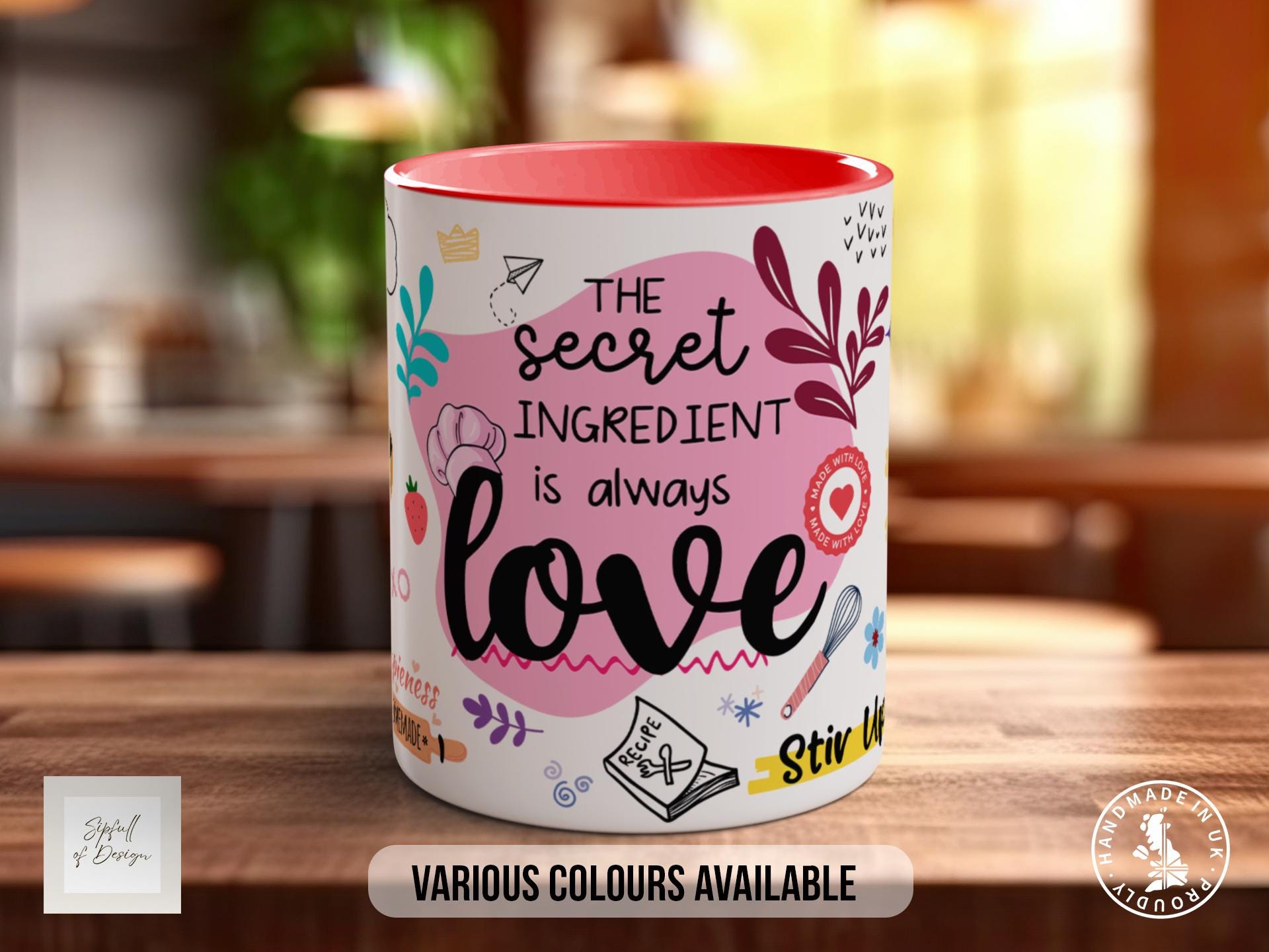 The Secret Ingredient is Always Love Mug – Colourful Cooking Quote Gift for Bakers, Chefs & Foodies – Handmade Ceramic Cup