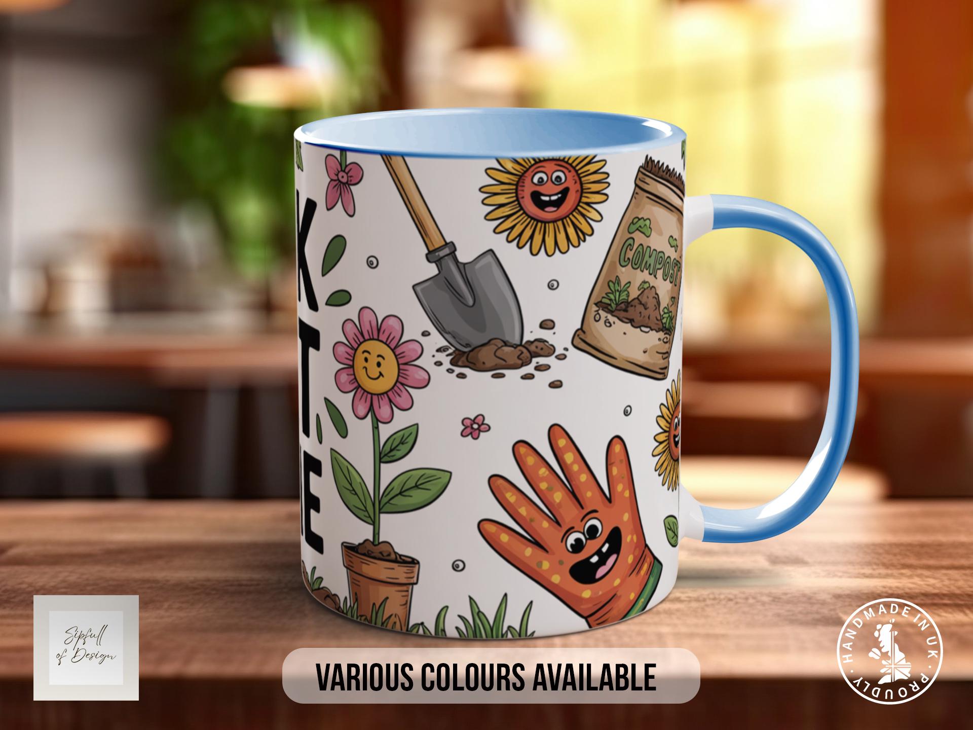 Talk Dirt to Me Mug – Funny Gardening Mug with Cute Tools & Plants – Humorous Gift for Gardeners – Plant Lover Coffee Cup