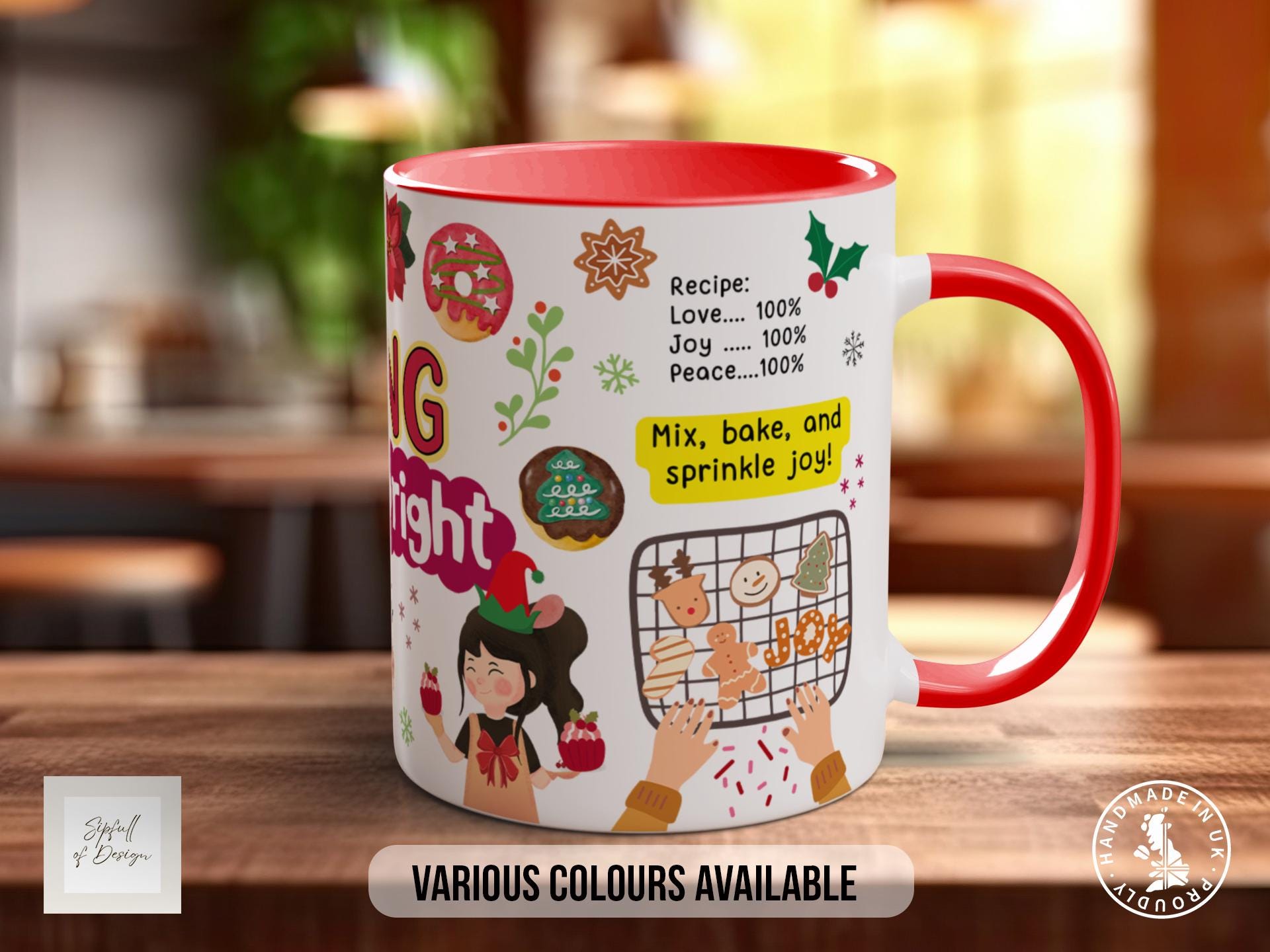 Baking Spirits Bright Mug, Christmas Baking Gift, Holiday Cookie Mug, Festive Coffee Cup, Colourful Xmas Gift for Bakers