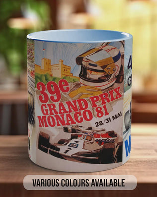 Monaco Grand Prix Vintage Mug – 1970s & 1980s Motorsport Poster Collage – Classic F1 Racing Car Gift – Various Colours Available