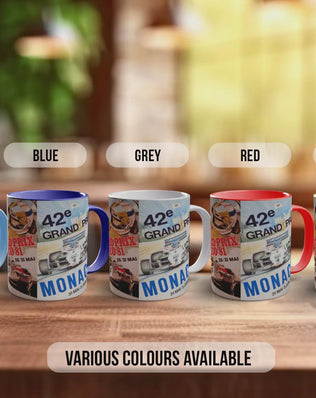 Monaco Grand Prix Vintage Mug – 1970s & 1980s Motorsport Poster Collage – Classic F1 Racing Car Gift – Various Colours Available