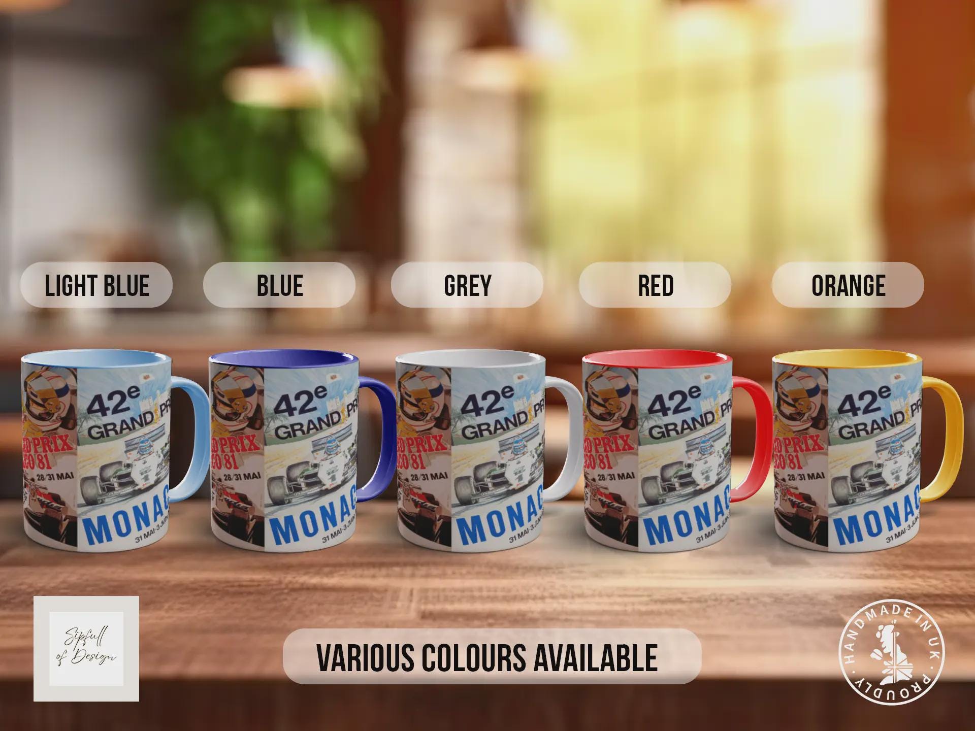 Monaco Grand Prix Vintage Mug – 1970s & 1980s Motorsport Poster Collage – Classic F1 Racing Car Gift – Various Colours Available