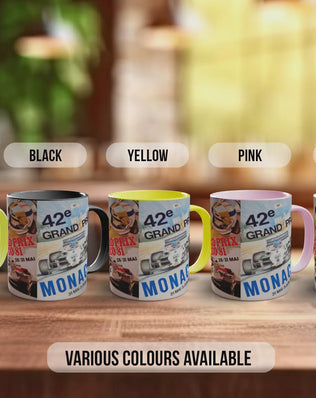 Monaco Grand Prix Vintage Mug – 1970s & 1980s Motorsport Poster Collage – Classic F1 Racing Car Gift – Various Colours Available
