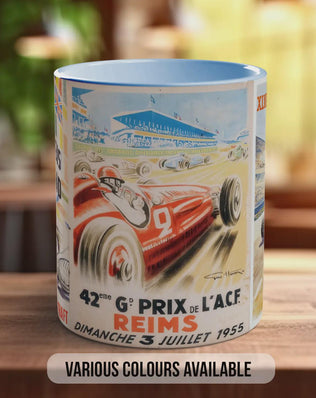 Grand Prix 1950s Vintage Mug – Classic Motorsport Poster Collage – Retro Formula 1 Racing Car Gift – Nürburgring & Reims – Various Colours