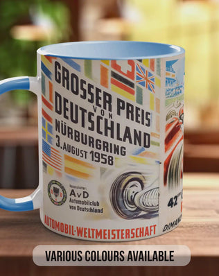 Grand Prix 1950s Vintage Mug – Classic Motorsport Poster Collage – Retro Formula 1 Racing Car Gift – Nürburgring & Reims – Various Colours