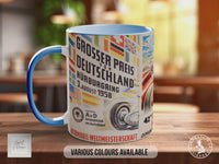 Grand Prix 1950s Vintage Mug – Classic Motorsport Poster Collage – Retro Formula 1 Racing Car Gift – Nürburgring & Reims – Various Colours