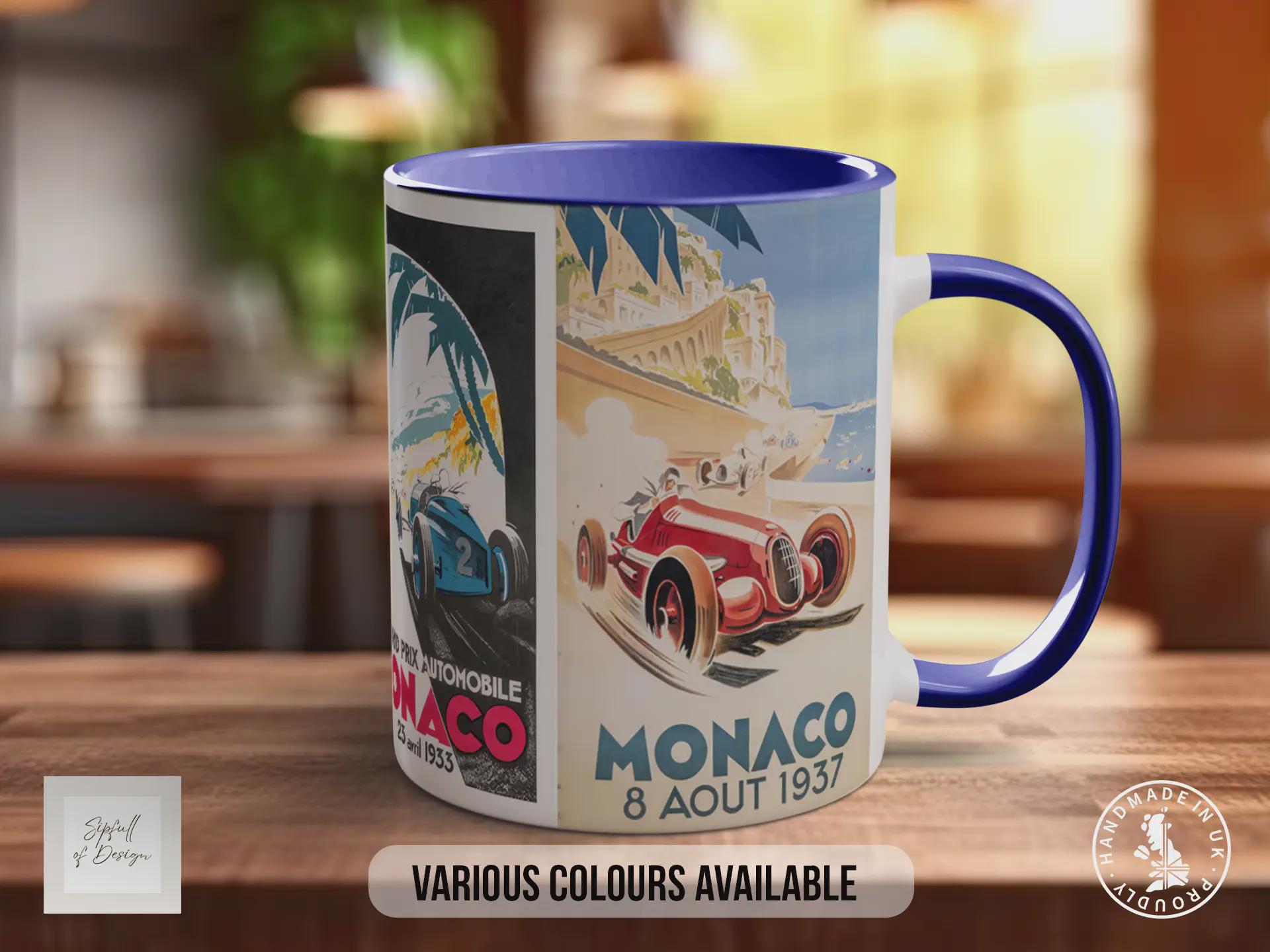 Monaco Grand Prix 1930s Vintage Mug – Classic Motorsport Poster Collage – Retro Racing Car Gift – Historic Formula 1 – Various Colours