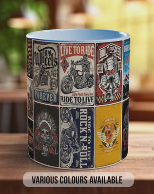 Built for Speed Motorcycle Mug – Retro Biker Poster Collage – Vintage Motorbike Gift – Rock & Roll Rider Design – Various Colours