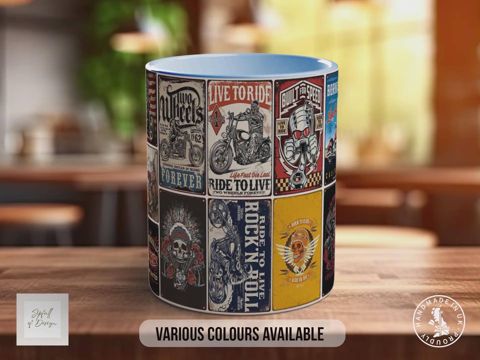 Built for Speed Motorcycle Mug – Retro Biker Poster Collage – Vintage Motorbike Gift – Rock & Roll Rider Design – Various Colours