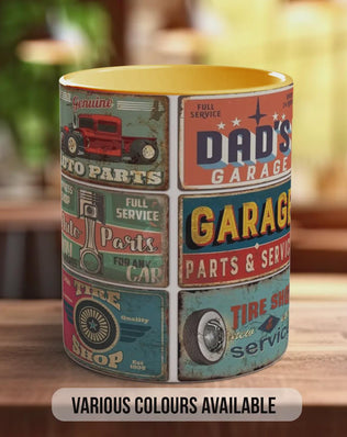 Dad’s Garage Mechanic Mug – Vintage Auto Repair Poster Collage – Retro Car Workshop Gift – Classic Motor Garage Design – Various Colours