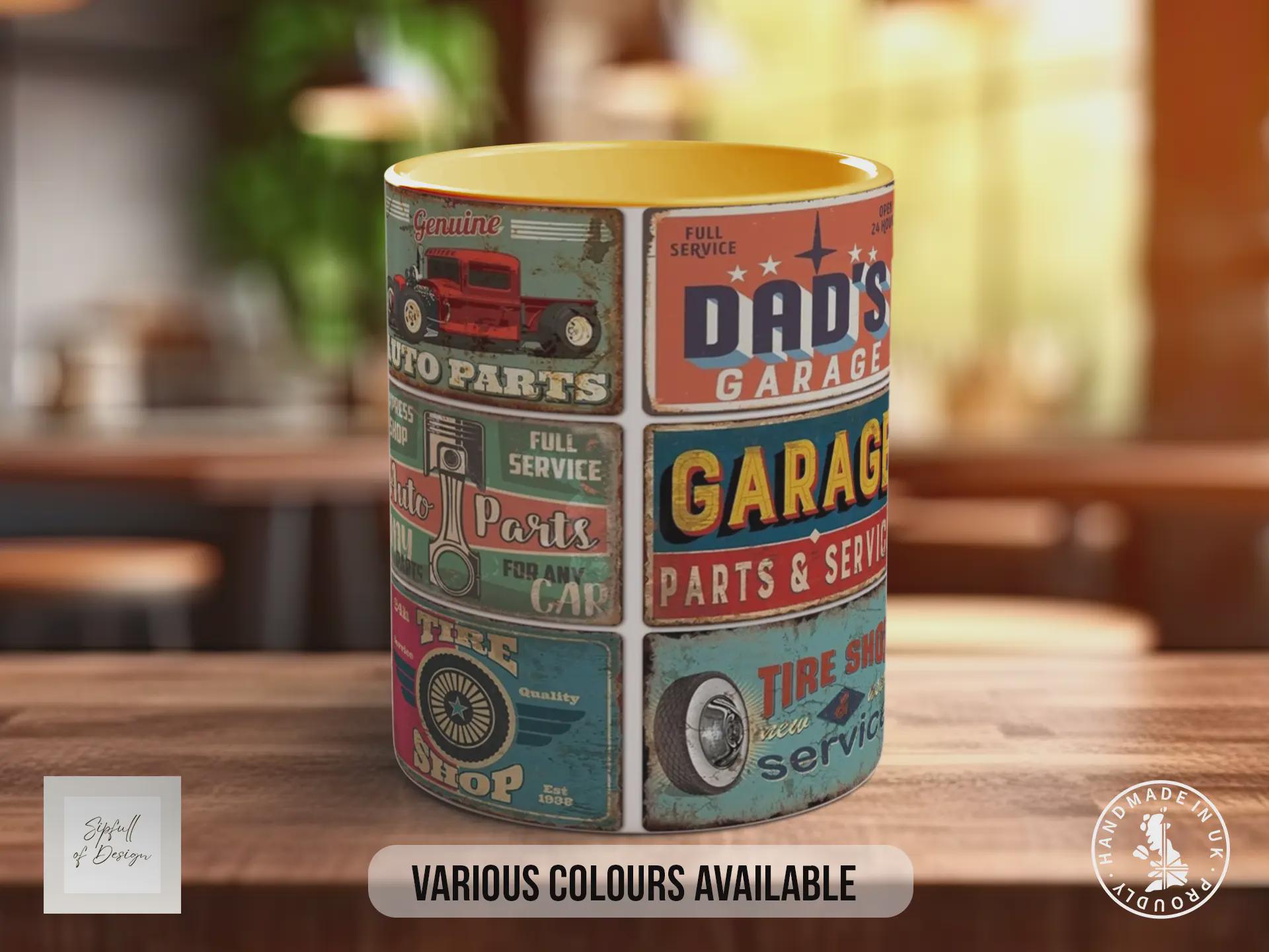 Dad’s Garage Mechanic Mug – Vintage Auto Repair Poster Collage – Retro Car Workshop Gift – Classic Motor Garage Design – Various Colours