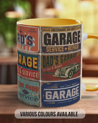 Dad’s Garage Mechanic Mug – Vintage Auto Repair Poster Collage – Retro Car Workshop Gift – Classic Motor Garage Design – Various Colours