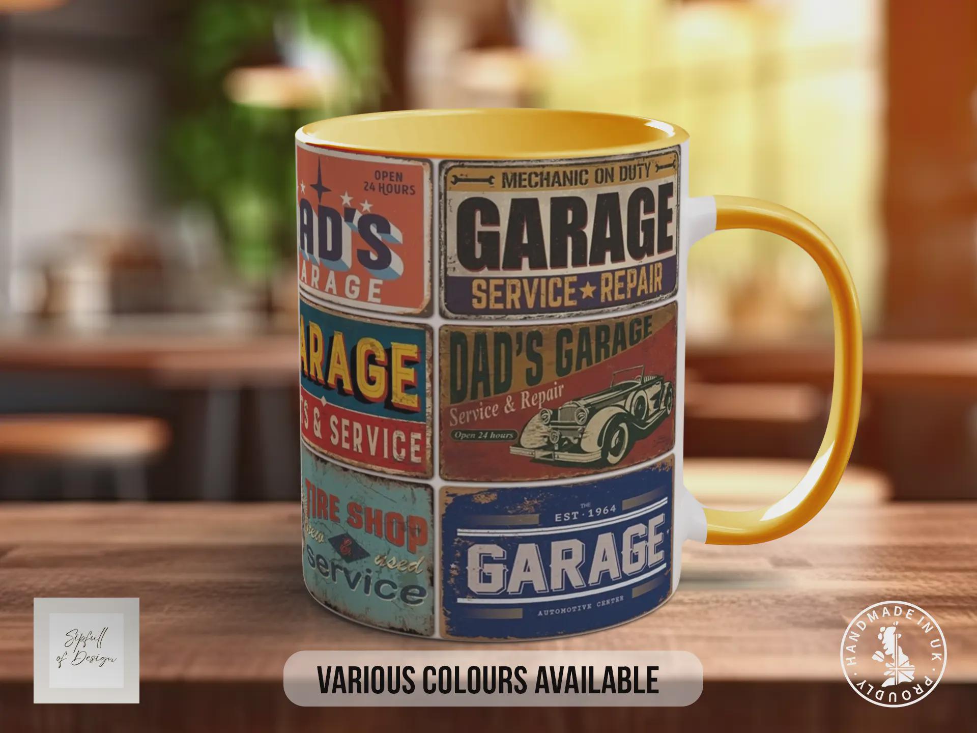 Dad’s Garage Mechanic Mug – Vintage Auto Repair Poster Collage – Retro Car Workshop Gift – Classic Motor Garage Design – Various Colours