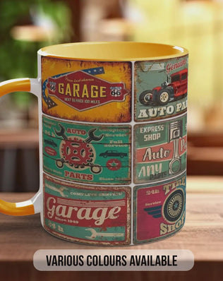 Dad’s Garage Mechanic Mug – Vintage Auto Repair Poster Collage – Retro Car Workshop Gift – Classic Motor Garage Design – Various Colours