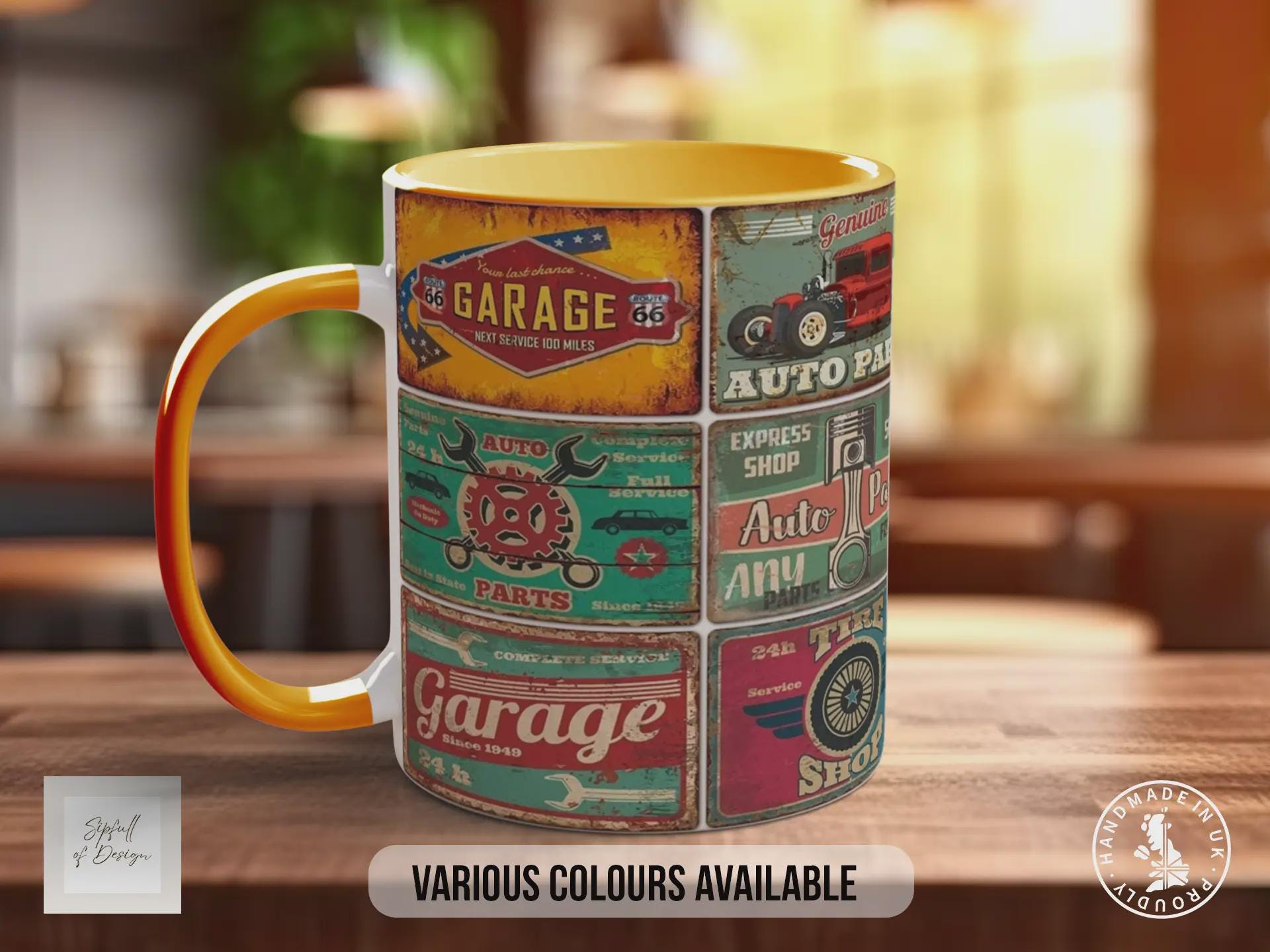 Dad’s Garage Mechanic Mug – Vintage Auto Repair Poster Collage – Retro Car Workshop Gift – Classic Motor Garage Design – Various Colours