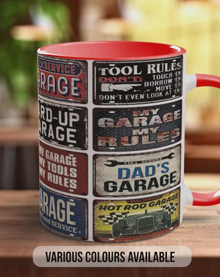 Hot Rod Dad’s Garage Mug – Vintage Mechanic Poster Collage – Retro Car Workshop Gift – My Garage My Rules Design – Various Colours