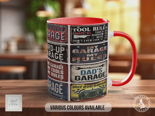 Hot Rod Dad’s Garage Mug – Vintage Mechanic Poster Collage – Retro Car Workshop Gift – My Garage My Rules Design – Various Colours