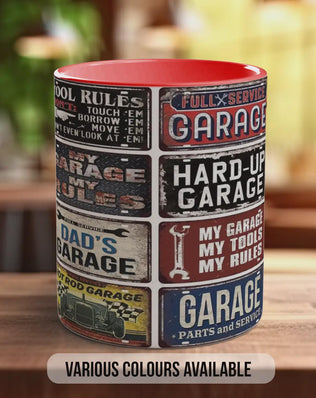 Hot Rod Dad’s Garage Mug – Vintage Mechanic Poster Collage – Retro Car Workshop Gift – My Garage My Rules Design – Various Colours