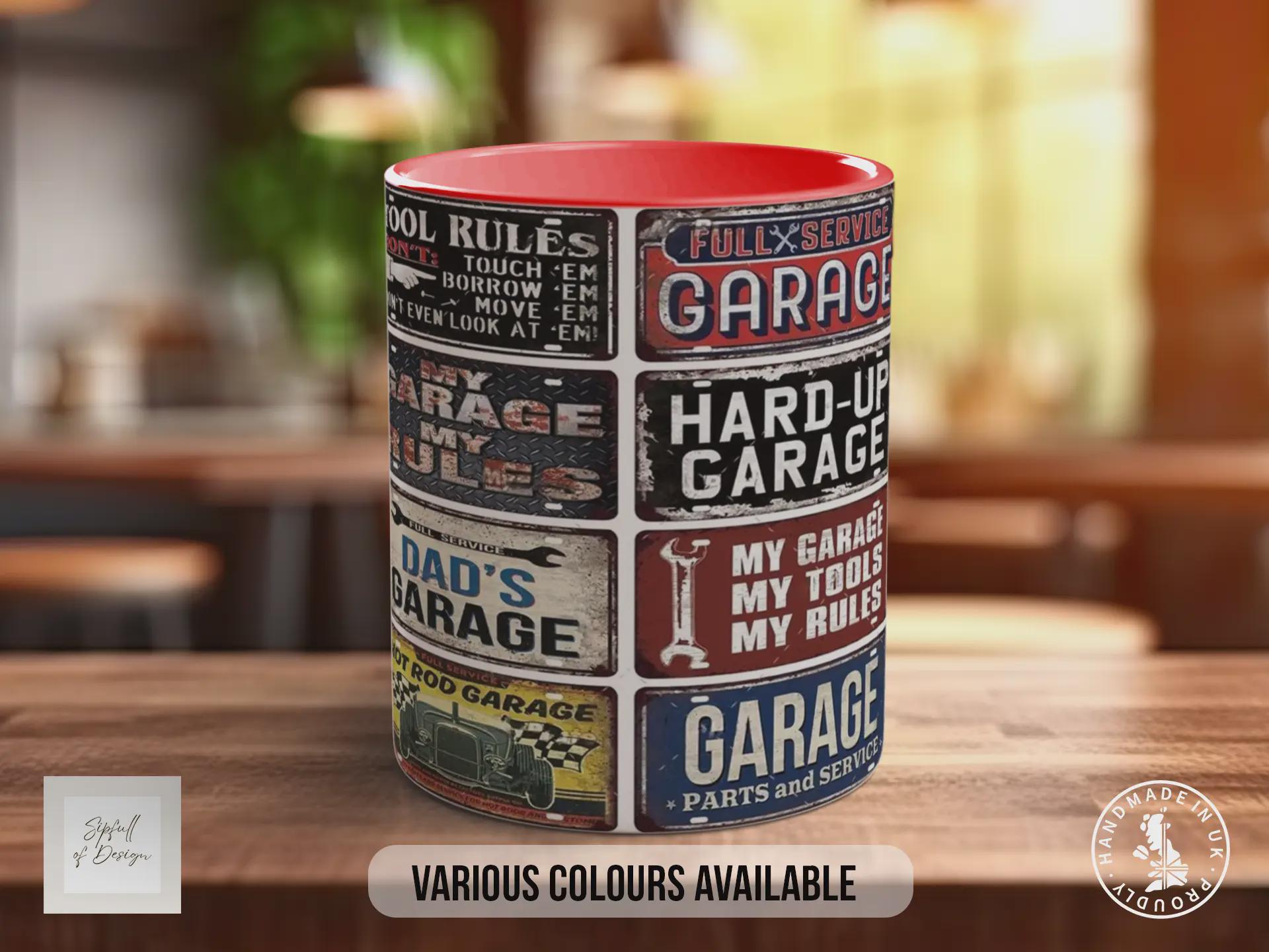 Hot Rod Dad’s Garage Mug – Vintage Mechanic Poster Collage – Retro Car Workshop Gift – My Garage My Rules Design – Various Colours