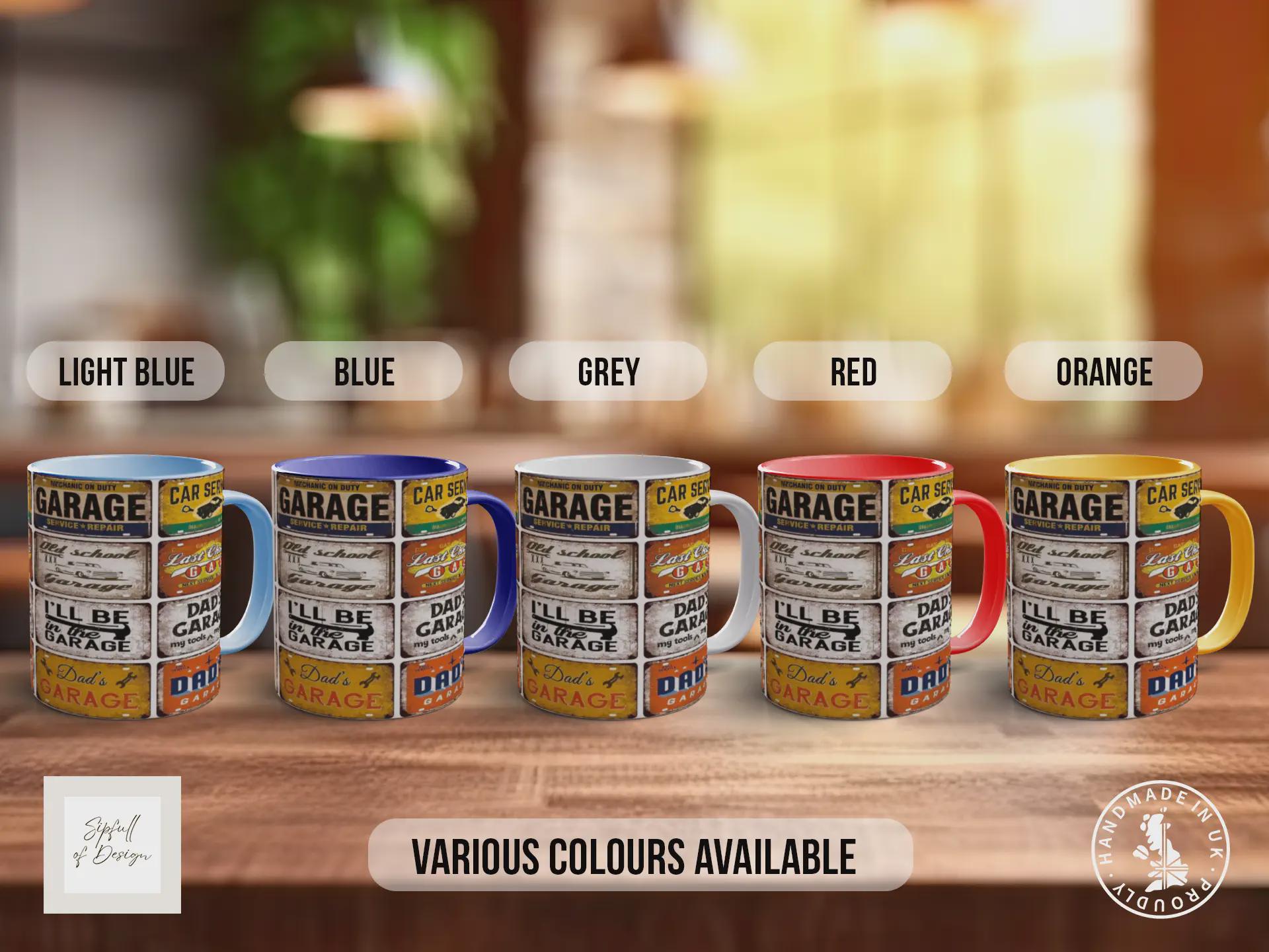 Dad’s Garage Mechanic Mug – Vintage Car Workshop Sign Collage – Retro Auto Repair & Service Gift – Old School Garage – Various Colours