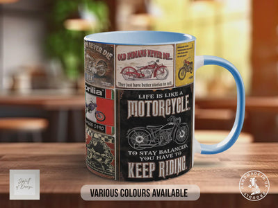 US Motorcycle Route 66 Mug – Vintage Biker Poster Collage – Classic American Road Trip Motorbike Gift – The Mother Road – Various Colours