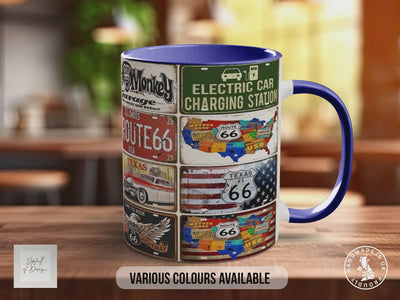 Retro Route 66 Plates Mug – Vintage US Highway Sign Collage – Classic American Road Trip Gift – Gas Monkey Garage – Various Colours