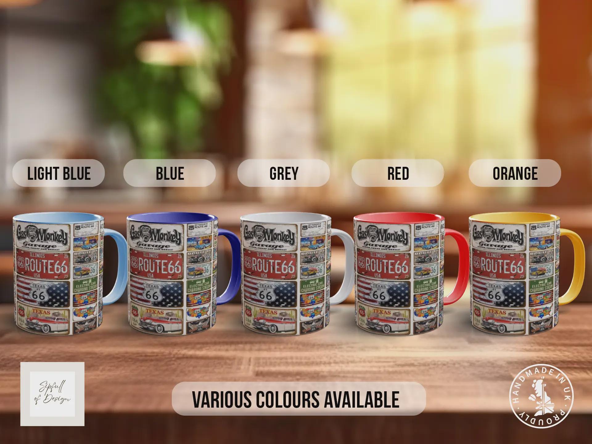 Route 66 Live to Ride Mug – Vintage US Highway Sign Collage – Classic American Road Trip & Biker Gift – Gas Monkey Garage – Various Colours