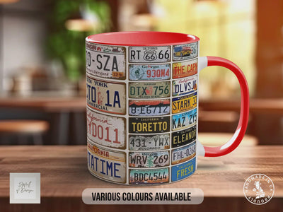 Vintage Car Plates Mug – Retro Licence Plate Collage – Classic Car Enthusiast Gift – Movie & Route 66 Designs – Various Colours Available