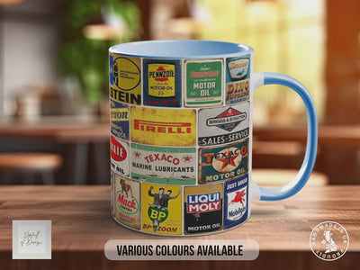 All Oils Vintage Mug – Retro Motor Oil & Garage Sign Collage – Classic Car Enthusiast Gift – Petrolhead Workshop Design – Various Colours