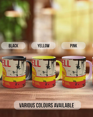 Shell Motor Oil Mug – Vintage Petrol Can Design – Retro Garage & Workshop Gift – Classic Car Enthusiast Mug – Various Colours Available