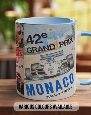 Monaco Grand Prix Vintage Mug – 1970s & 1980s Motorsport Poster Collage – Classic F1 Racing Car Gift – Various Colours Available
