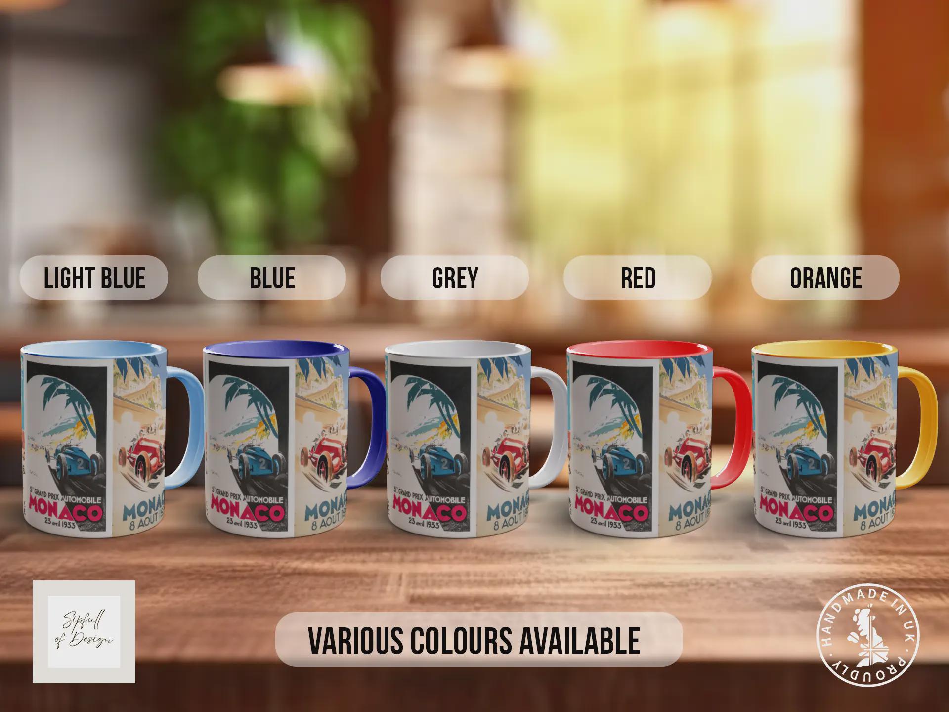 Monaco Grand Prix 1930s Vintage Mug – Classic Motorsport Poster Collage – Retro Racing Car Gift – Historic Formula 1 – Various Colours