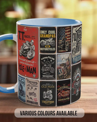 Built for Speed Motorcycle Mug – Retro Biker Poster Collage – Vintage Motorbike Gift – Rock & Roll Rider Design – Various Colours