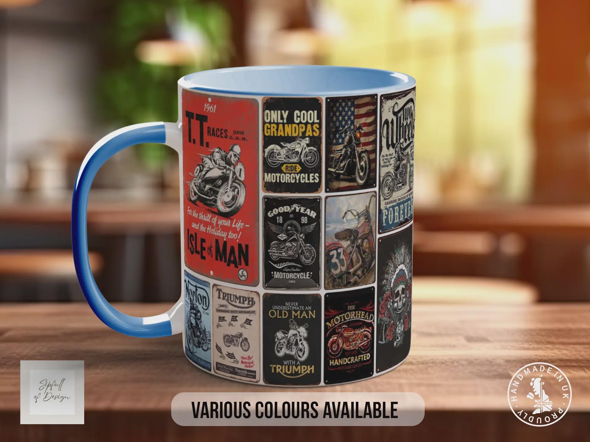 Built for Speed Motorcycle Mug – Retro Biker Poster Collage – Vintage Motorbike Gift – Rock & Roll Rider Design – Various Colours