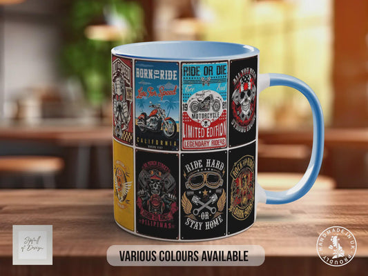 Built for Speed Motorcycle Mug – Retro Biker Poster Collage – Vintage Motorbike Gift – Rock & Roll Rider Design – Various Colours
