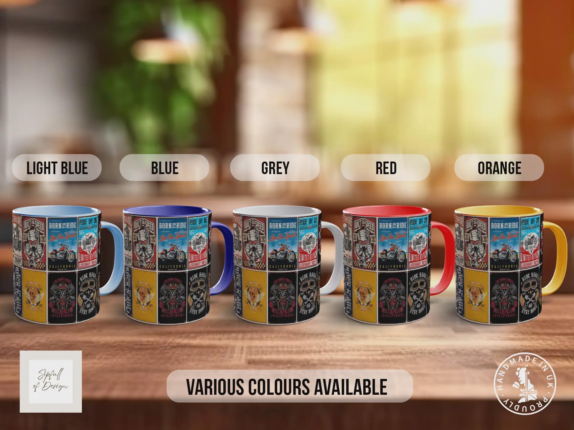 Built for Speed Motorcycle Mug – Retro Biker Poster Collage – Vintage Motorbike Gift – Rock & Roll Rider Design – Various Colours