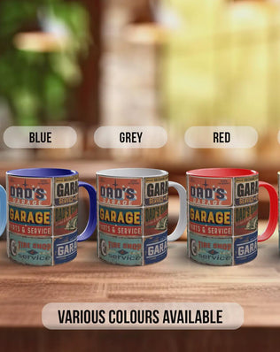 Dad’s Garage Mechanic Mug – Vintage Auto Repair Poster Collage – Retro Car Workshop Gift – Classic Motor Garage Design – Various Colours