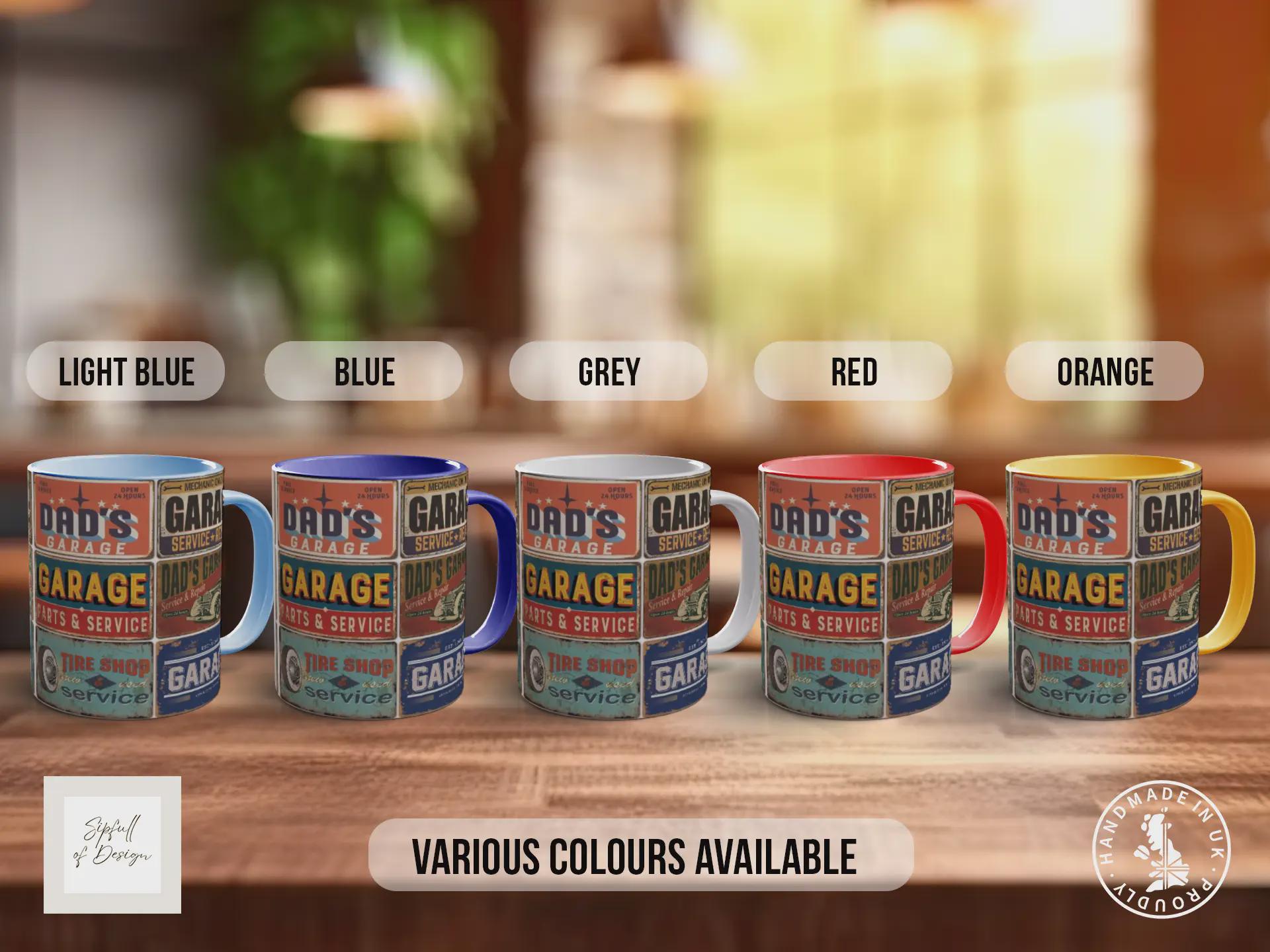 Dad’s Garage Mechanic Mug – Vintage Auto Repair Poster Collage – Retro Car Workshop Gift – Classic Motor Garage Design – Various Colours