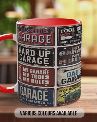 Hot Rod Dad’s Garage Mug – Vintage Mechanic Poster Collage – Retro Car Workshop Gift – My Garage My Rules Design – Various Colours