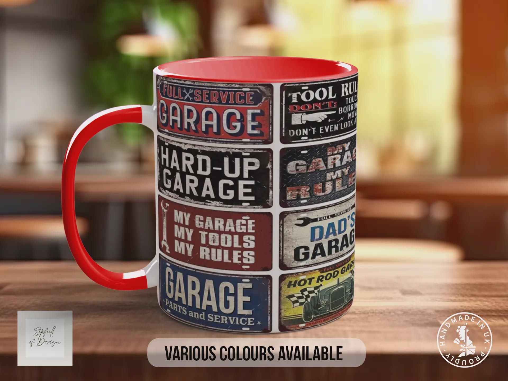 Hot Rod Dad’s Garage Mug – Vintage Mechanic Poster Collage – Retro Car Workshop Gift – My Garage My Rules Design – Various Colours