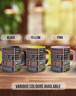 Hot Rod Dad’s Garage Mug – Vintage Mechanic Poster Collage – Retro Car Workshop Gift – My Garage My Rules Design – Various Colours