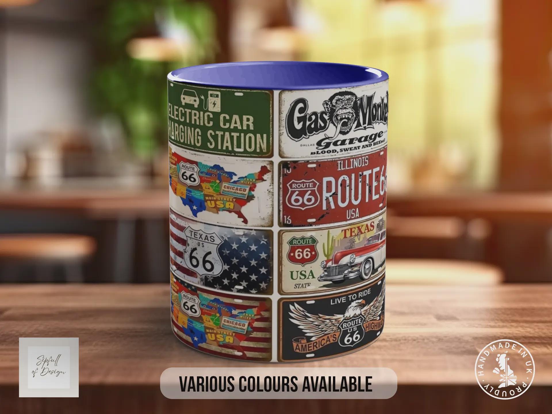 Retro Route 66 Plates Mug – Vintage US Highway Sign Collage – Classic American Road Trip Gift – Gas Monkey Garage – Various Colours