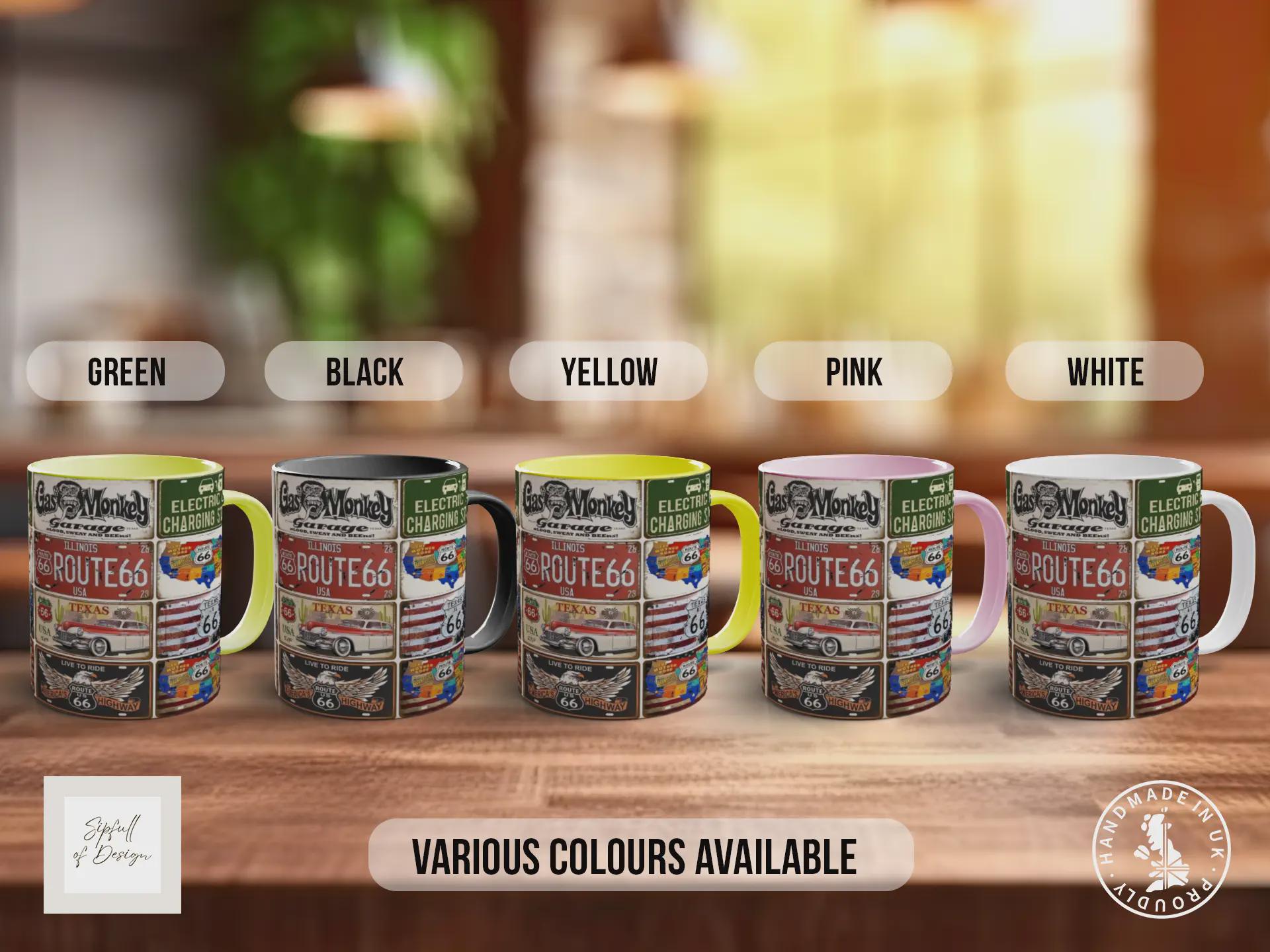 Retro Route 66 Plates Mug – Vintage US Highway Sign Collage – Classic American Road Trip Gift – Gas Monkey Garage – Various Colours