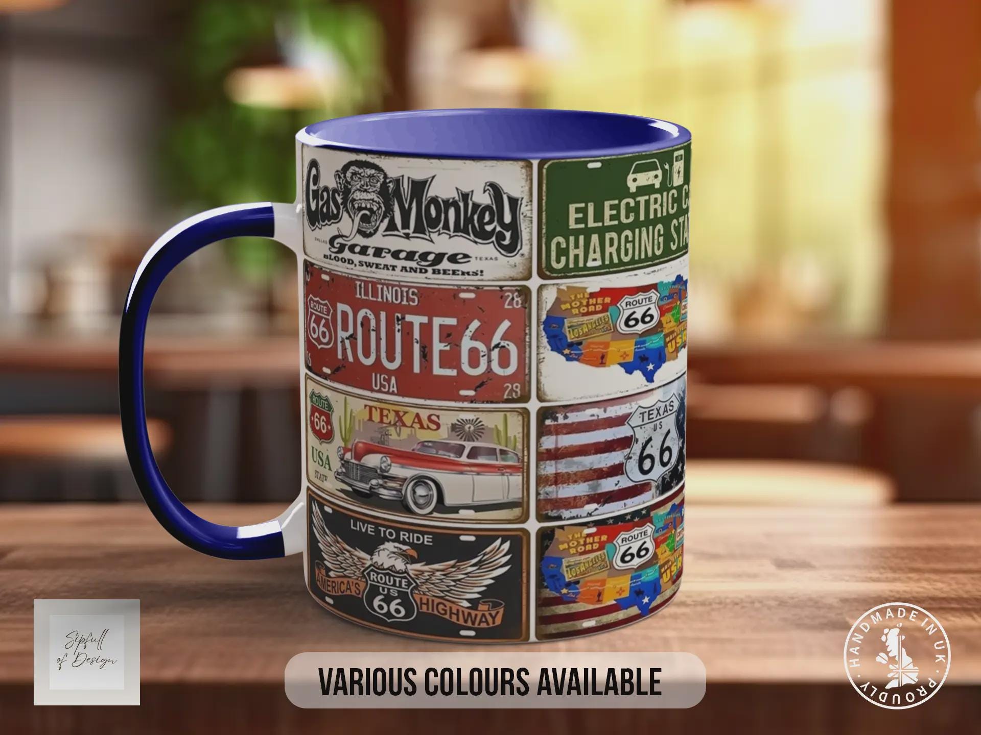 Retro Route 66 Plates Mug – Vintage US Highway Sign Collage – Classic American Road Trip Gift – Gas Monkey Garage – Various Colours