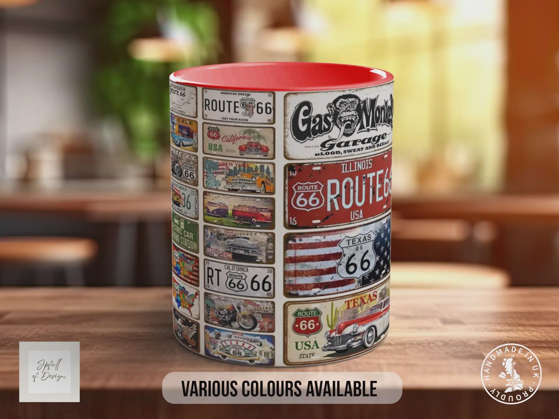 Route 66 Live to Ride Mug – Vintage US Highway Sign Collage – Classic American Road Trip & Biker Gift – Gas Monkey Garage – Various Colours