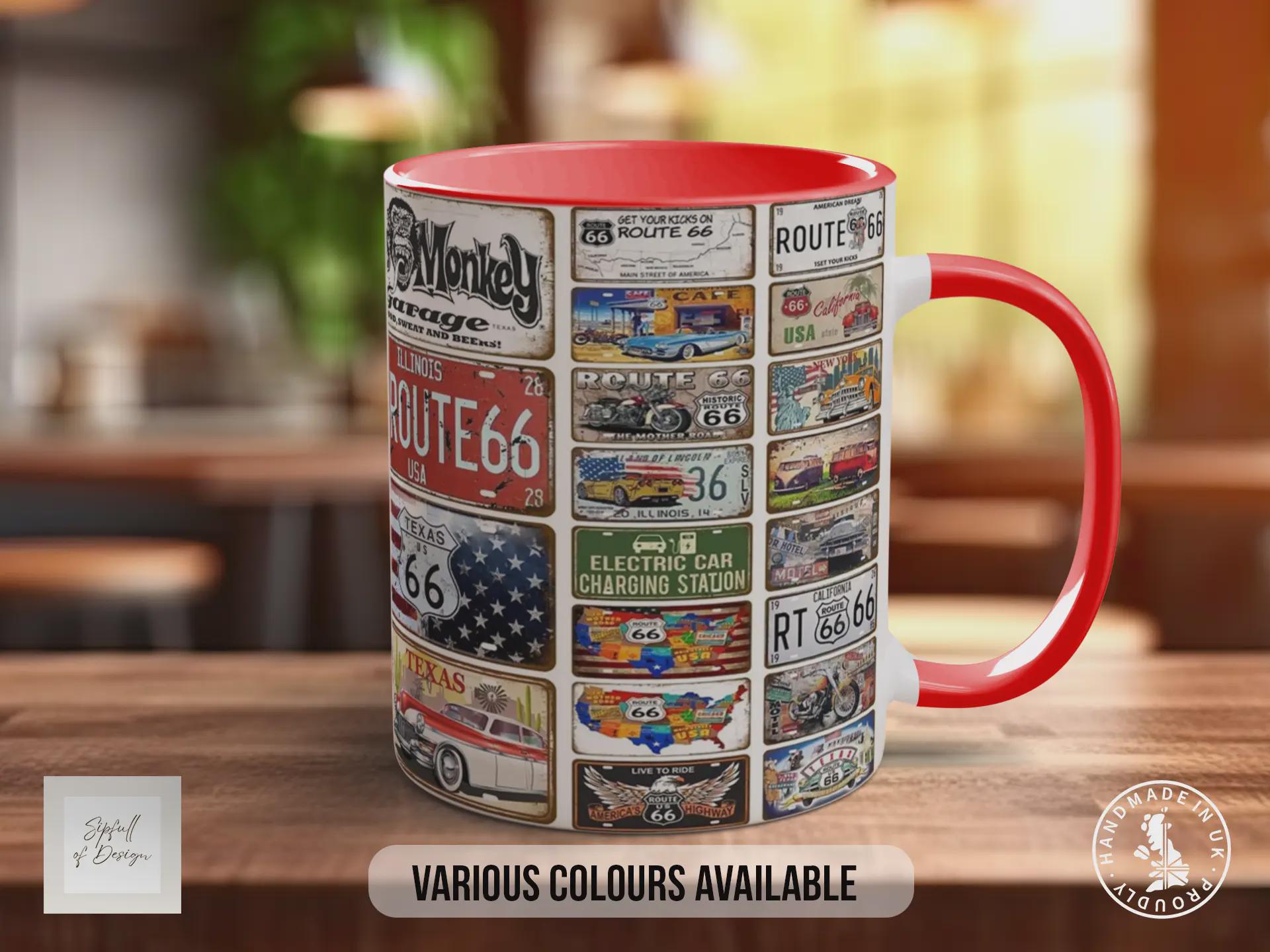 Route 66 Live to Ride Mug – Vintage US Highway Sign Collage – Classic American Road Trip & Biker Gift – Gas Monkey Garage – Various Colours