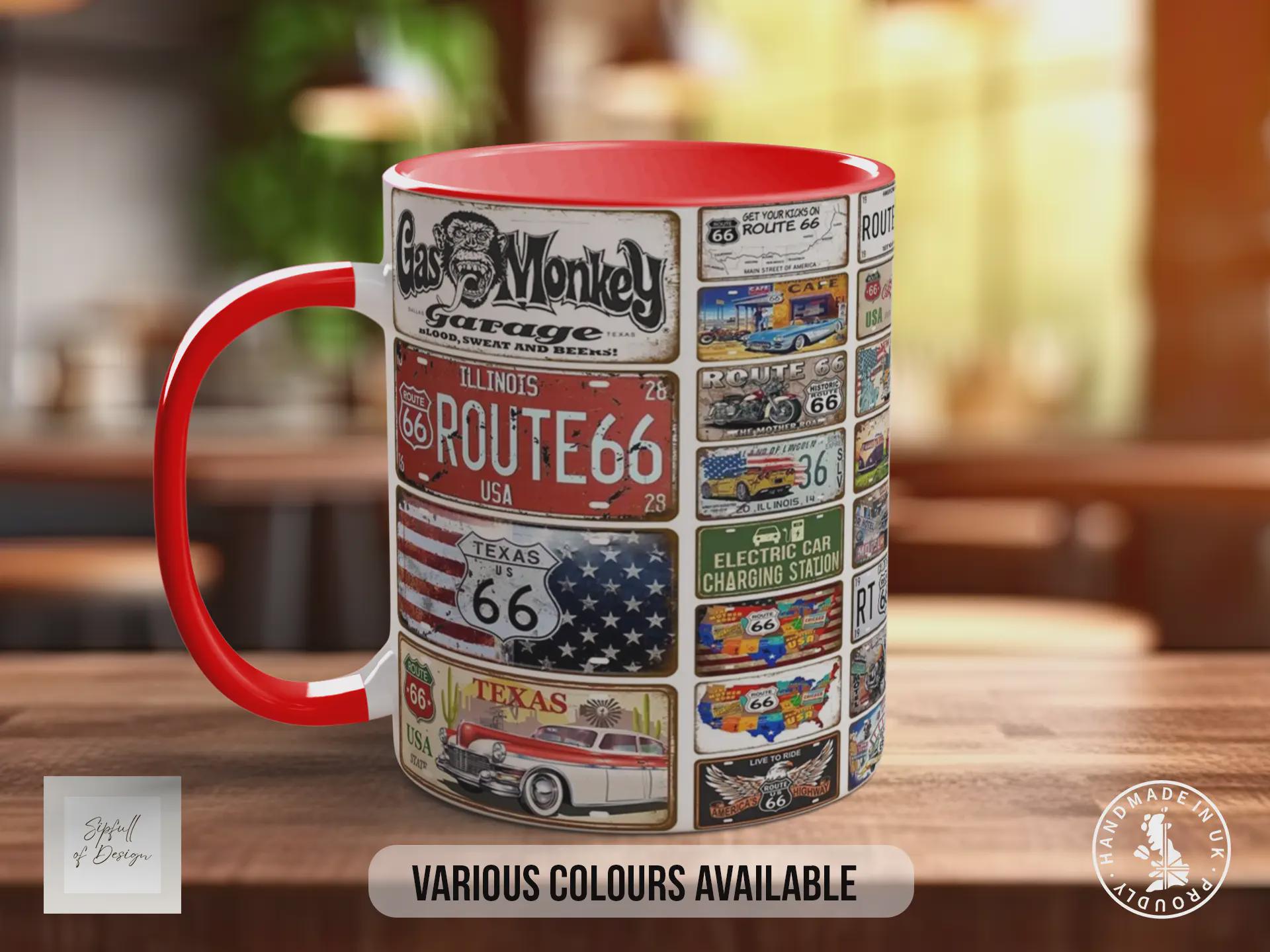Route 66 Live to Ride Mug – Vintage US Highway Sign Collage – Classic American Road Trip & Biker Gift – Gas Monkey Garage – Various Colours