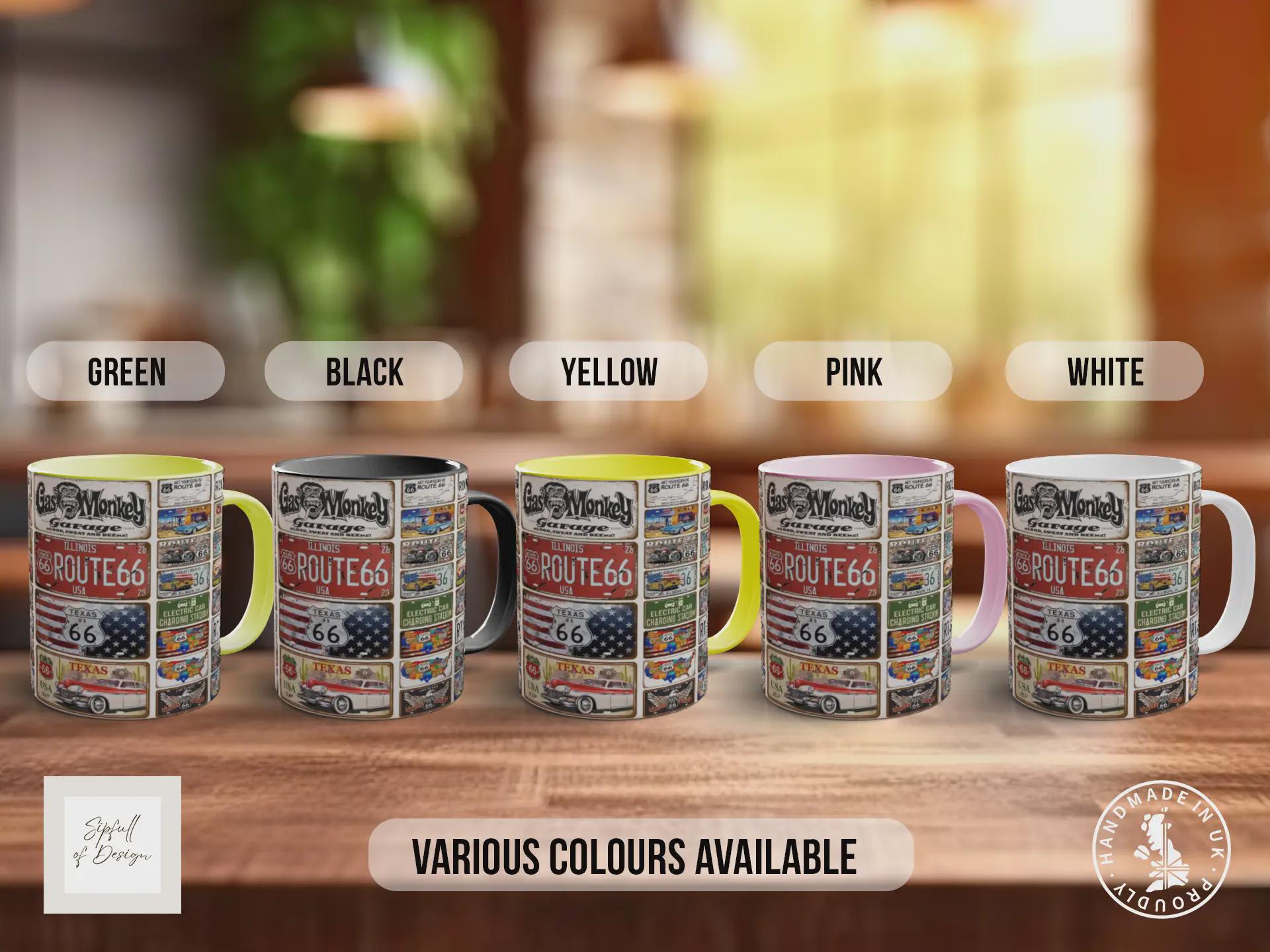 Route 66 Live to Ride Mug – Vintage US Highway Sign Collage – Classic American Road Trip & Biker Gift – Gas Monkey Garage – Various Colours