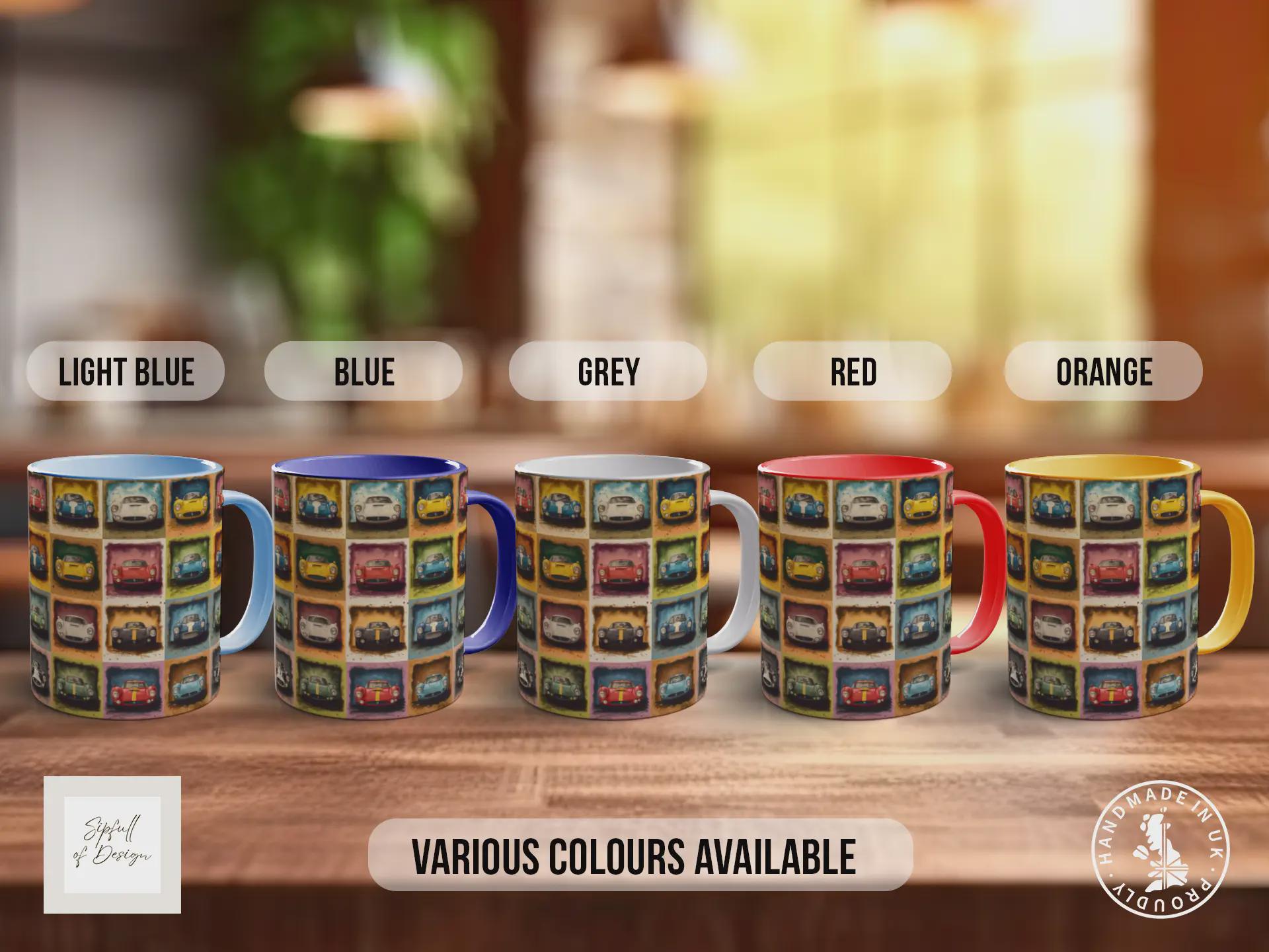 Old Racing Cars Mug – Retro Sports Car Collage – Classic Motorsport Gift – Vintage Automobile Design – Various Colours Available