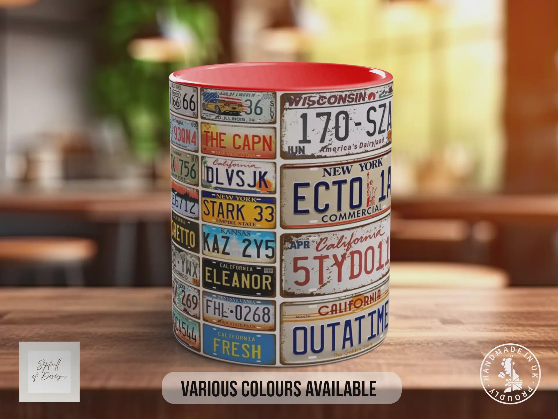 Vintage Car Plates Mug – Retro Licence Plate Collage – Classic Car Enthusiast Gift – Movie & Route 66 Designs – Various Colours Available